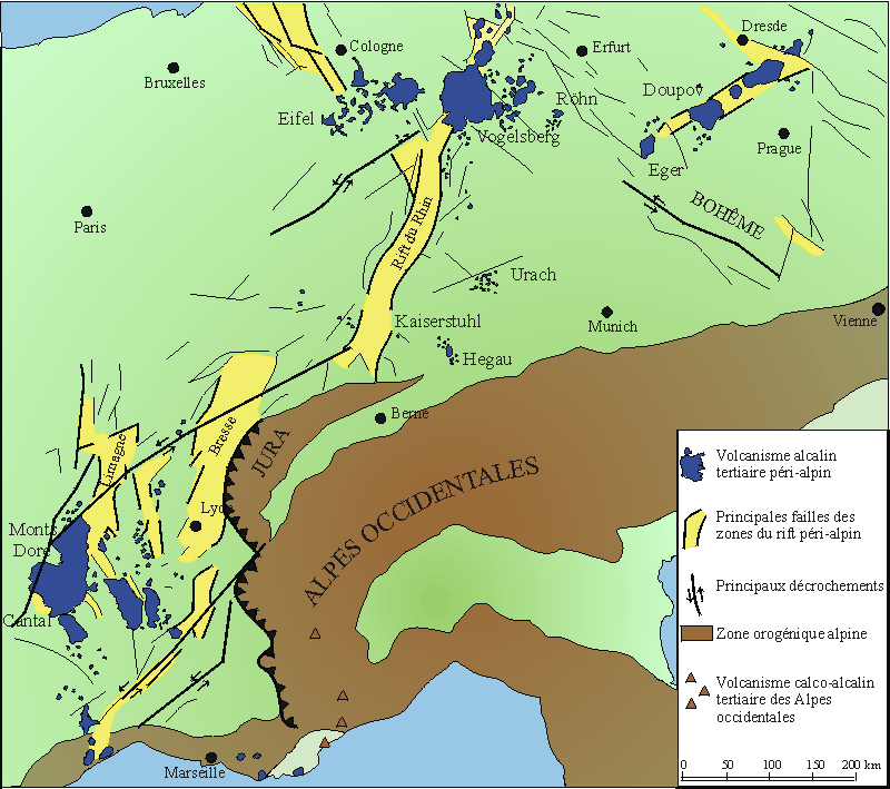 Carte des trois rifts alpins, leurs grabbens sédimentaires et le volcanisme associé.